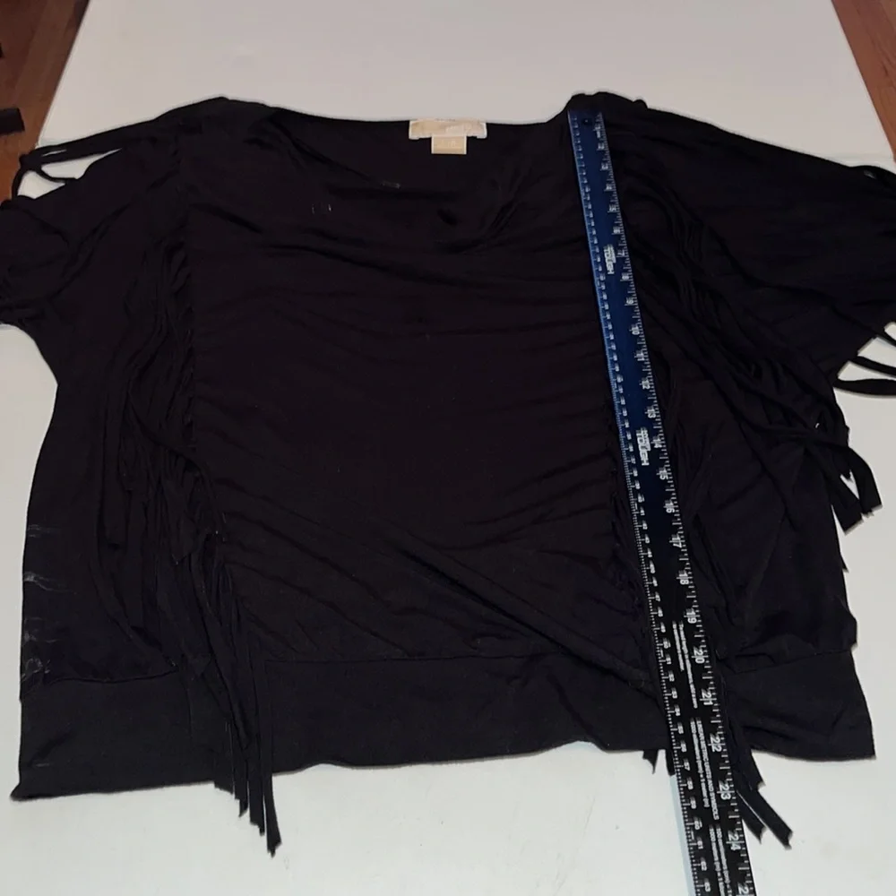 Micheal Kors size large black 3/4 sleeve fringe top ,draped neckline  banded hem